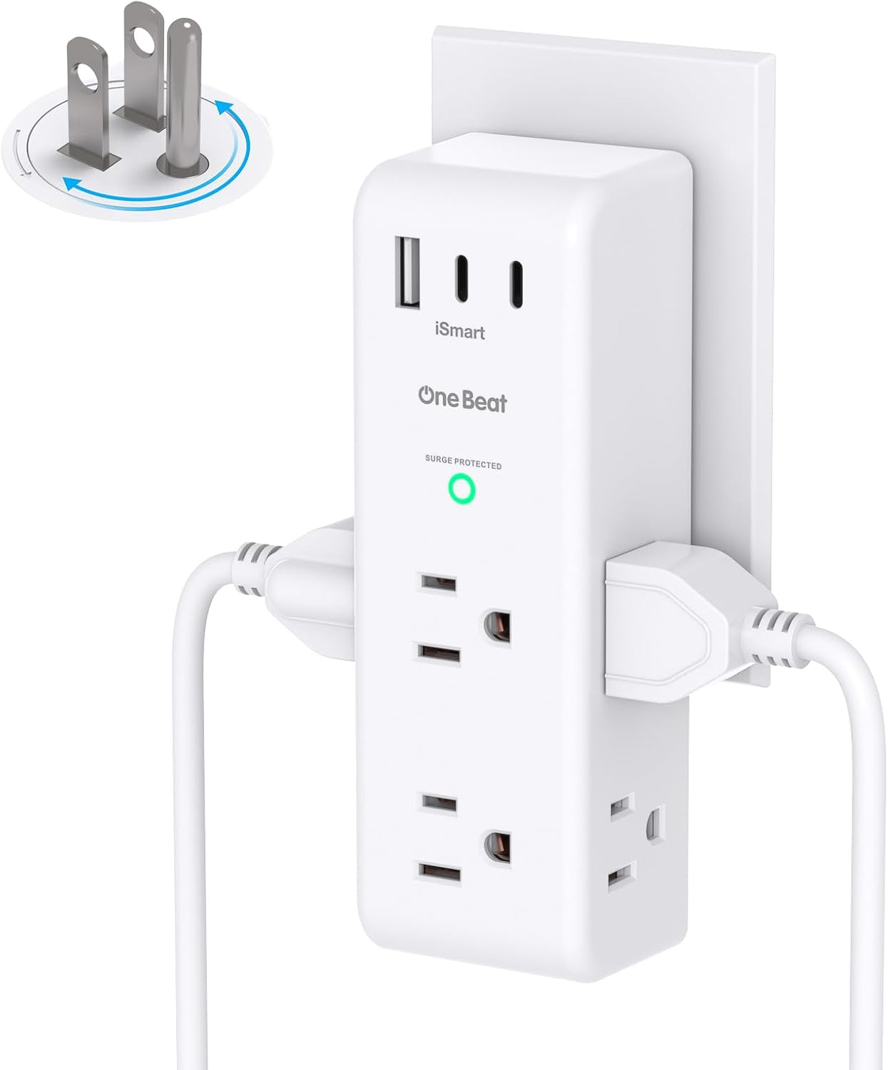 Surge Protector Outlet Extender - with Rotating Plug, 6 AC Multi Plug Outlet with 3 USB Ports (1 USB C), 1800J Wall Charger, 3-Sided Power Strip with Spaced Outlet Splitter for Home, Office, Travel
