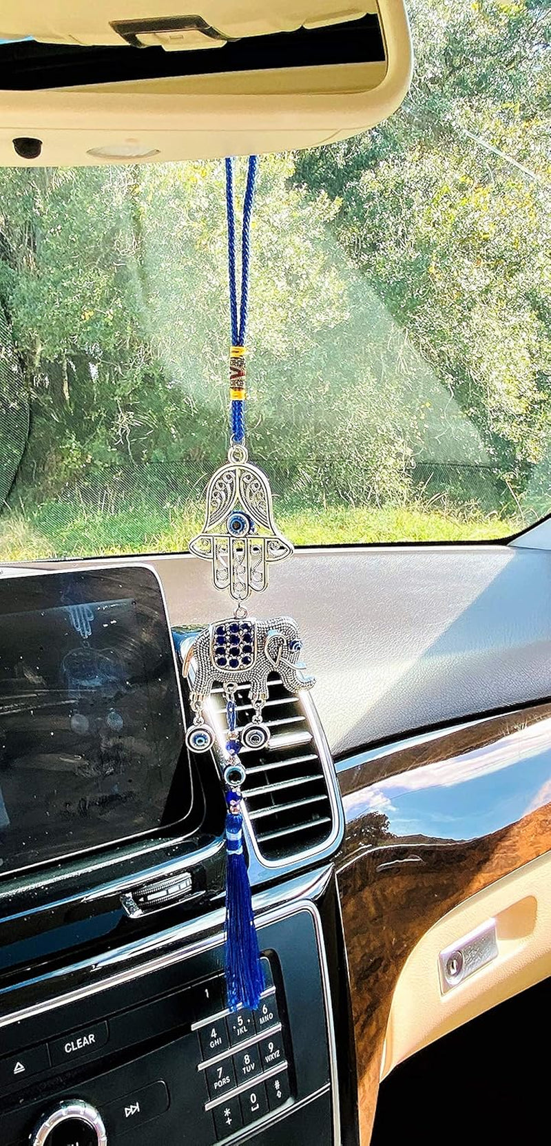 Blue Eye Hamsa Hand + Happy Elephant Double Pendant W/Blue Cord & Tassels - Evil Eye Car Hanging Ornament - Rear View Mirror Accessories, Home Decor Charm - Gift for Men & Women