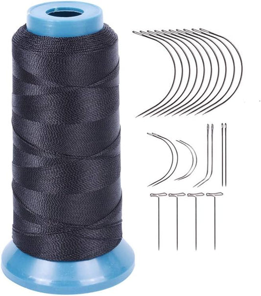 Black Weaving Thread High Strength Polyster Thread Size 210 D with 12 Pcs of 9Cm-C Type Needles/Curved Hair Needles for Sew