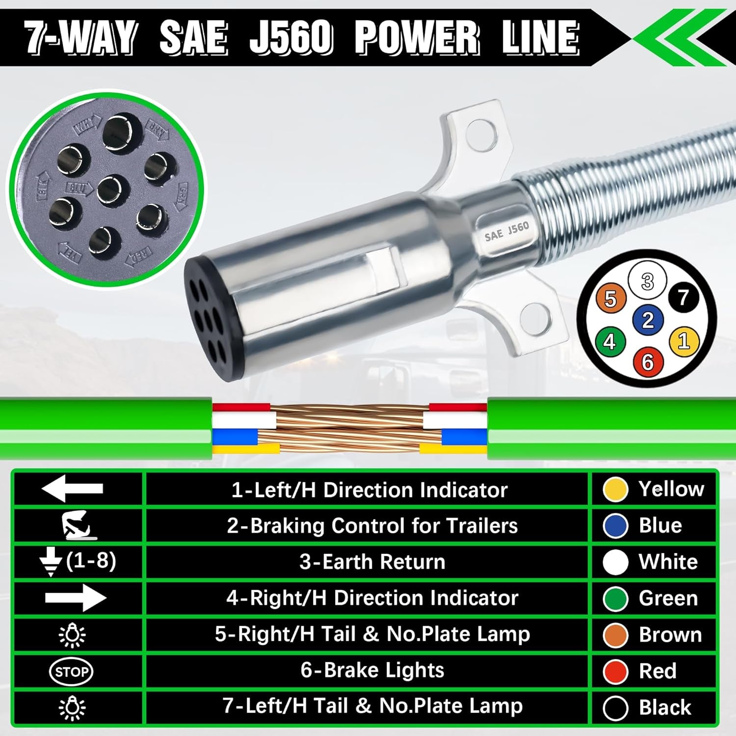 7 Way Coiled Cord 15 FT Green ABS Electrical Power Cords Coil Pigtail Power Wire Heavy Duty Cable for Semi Truck Trailer Tractors