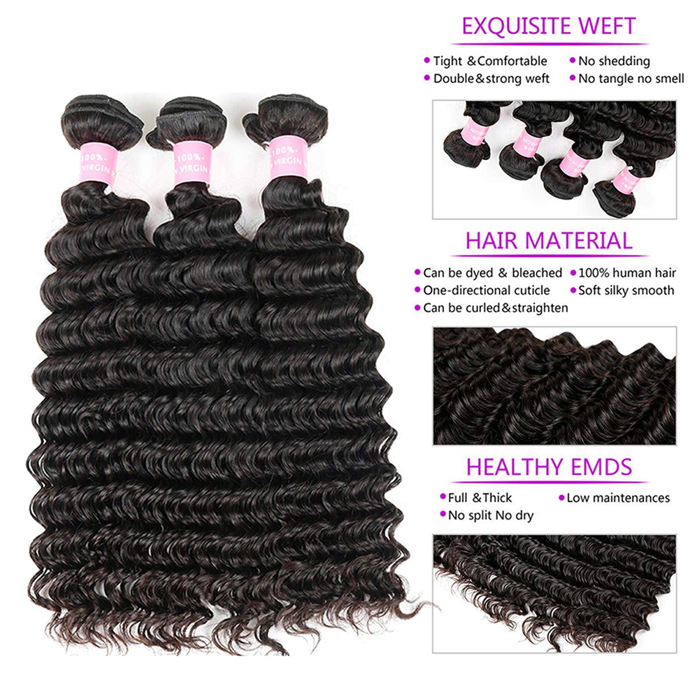 Brazilian Deep Wave Bundles with Closure Virgin Human Hair Bundles with Closure 4×4 Lace Mixed Length Hair Bundles Natural Color for Black Women 100% Unprocessed  (16 18 20+14)