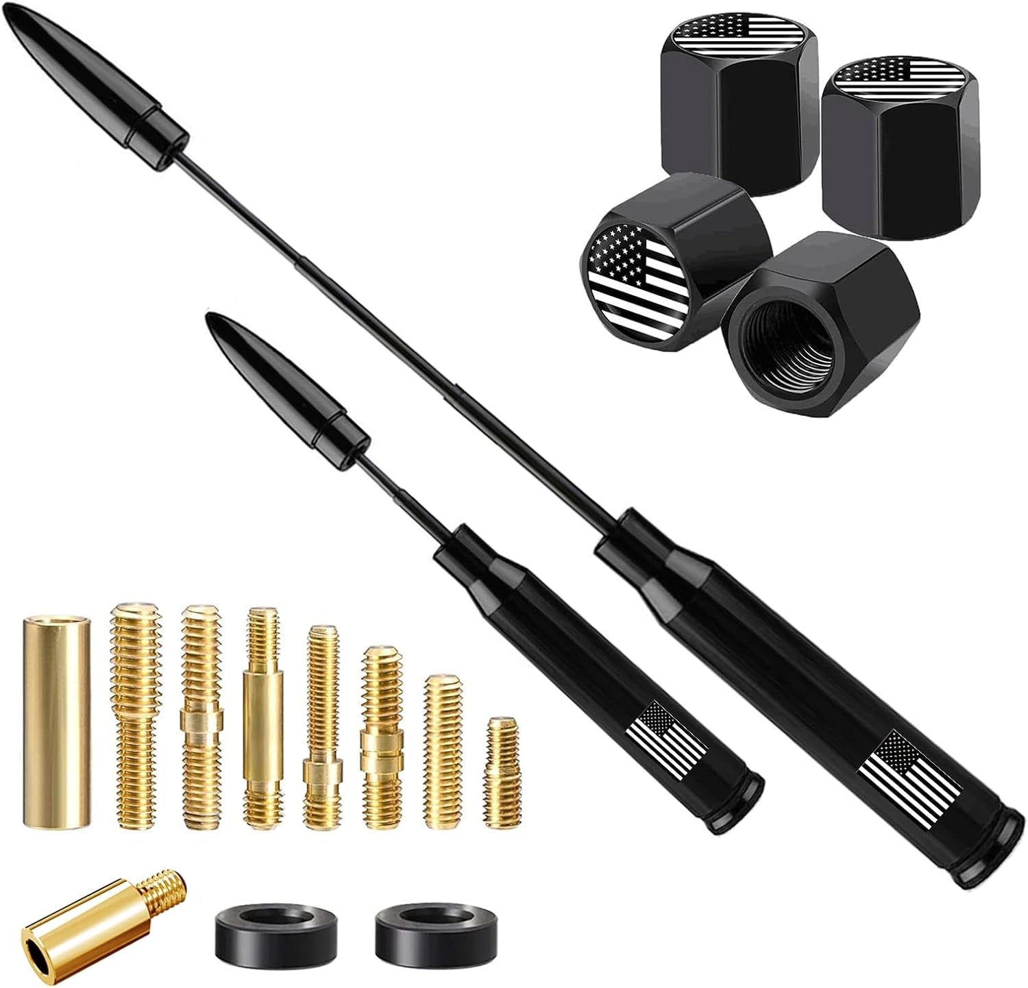 American Flag Car Truck Antenna with Valve Stem Caps, Universal Mast for GM Chevy Silverado 1500 2500 3500 HD Avalanche Ford F150 F250 F350 Denali Heavy Duty Pickup Trucks Accessories (Black)