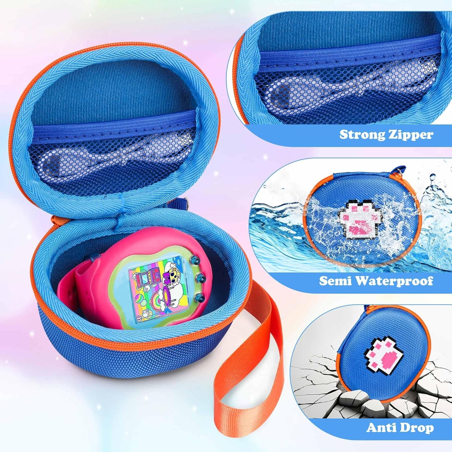 Carrying Case Compatible with Tamagotchi Uni/Tamagotchi Pix/Tamagotchi Original/Tamagotchi Nano X Virtual Pet Game Machine, Hard Case with Neck Strap, Lanyard and Screen Protector (Blue) ZOUSA