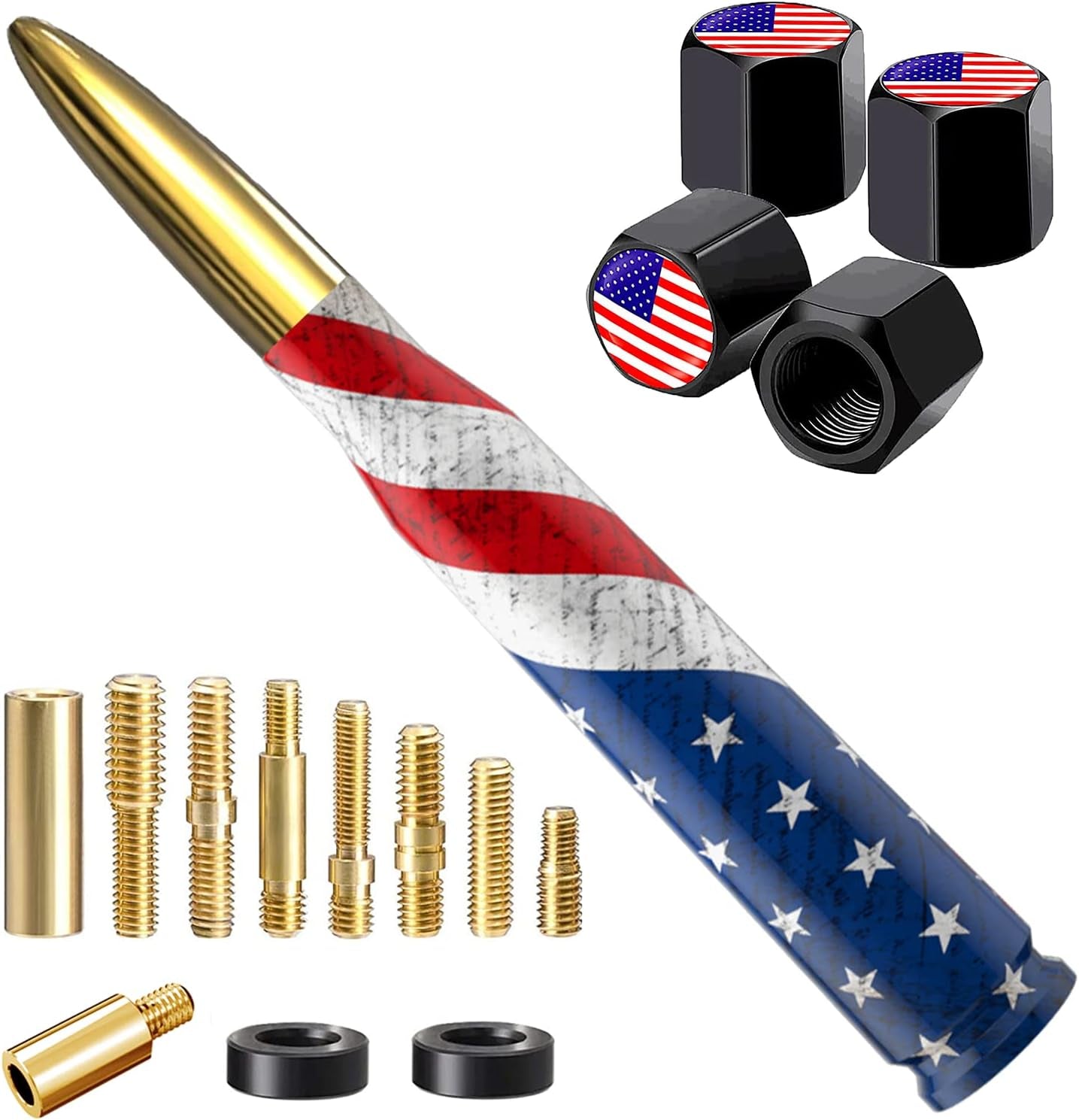 American Flag Car Truck Antenna with Valve Stem Caps, Universal Mast for GM Chevy Silverado 1500 2500 3500 HD Avalanche Ford F150 F250 F350 Denali Heavy Duty Pickup Trucks Accessories (Black)