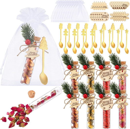 24 Set Christmas Tea Party Favors Bulk Gifts Christmas Tea Party Set with 4.13'' Empty Glass Tea Jars Stainless Steel Teaspoons Organza Bags and Rope Thank You Tea Party for Xmas Gift