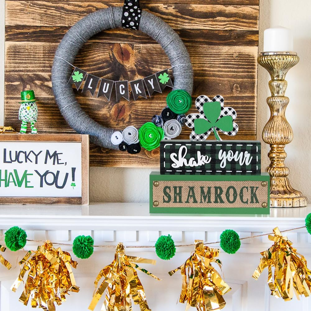 St Patricks Day Decorations,  3-Layered Shamrock Wood Block St Patricks Day Decor, Shamrock Ornaments Shake Your SHAMROCK Sign Saint Patricks Day Decorations for the Home, Table, Mantel