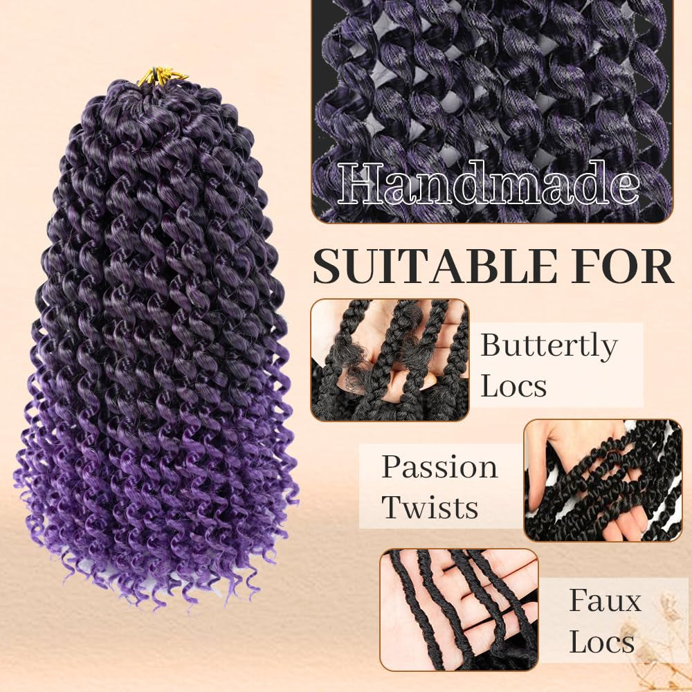 Passion Twist Hair 10 Inch Purple Water Wave Crochet Hair for 6 Packs Passion Twist Braiding Hair Bohemian Hair Braiding Passion Twist Braids Synthetic Hair Extensions (10 Inch, #1B/Purple)