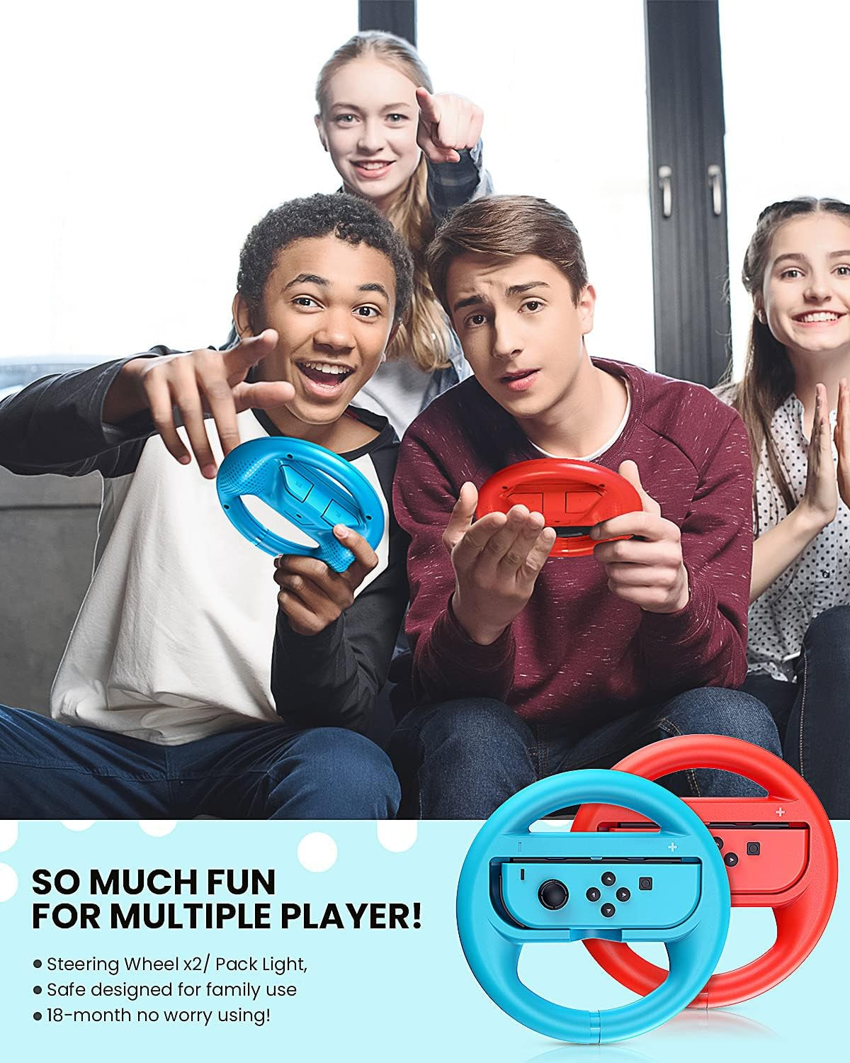 Steering Wheel Compatible with Nintendo Switch Wheel, Family Use Accessories Compatible with Switch Joycon Controllers, 2 Pack (Blue and Red)