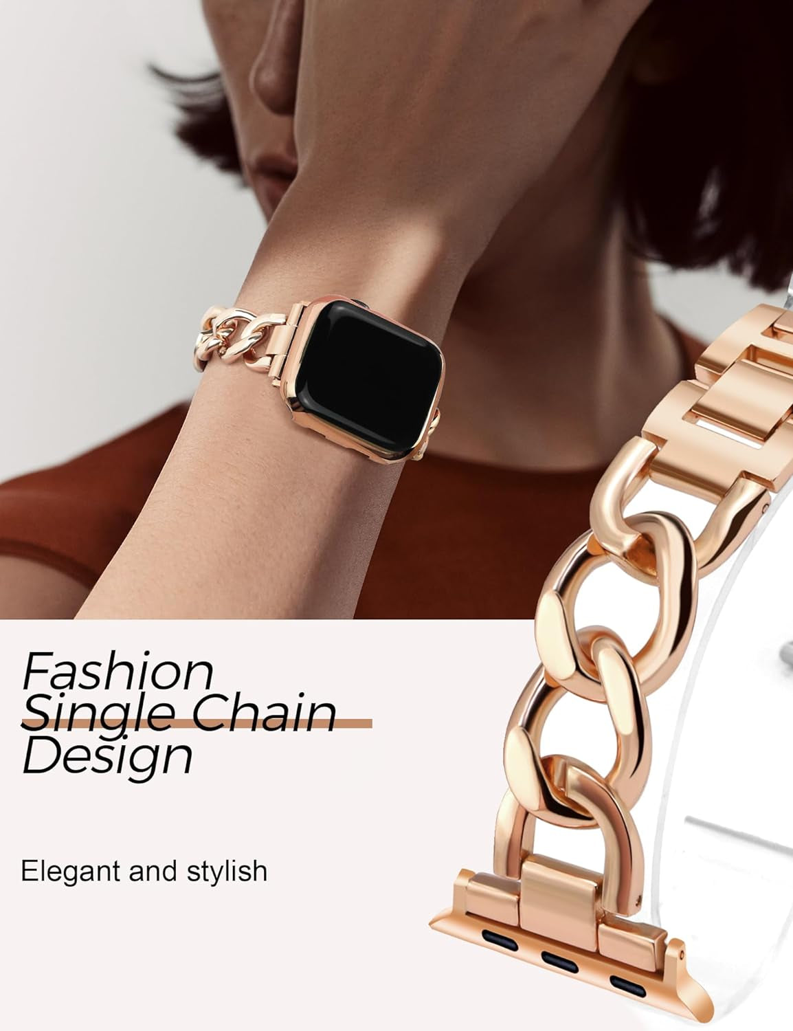 Rose Gold Watch Bands for Women Compatible with Apple Watch Band 38Mm 40Mm 41Mm Adjustable Metal Band Cowboy Steel Single Chain Bracelet for Iwatch Series 9/8/7/6/5/4/3/2/1/Se/Ultra (No Case)