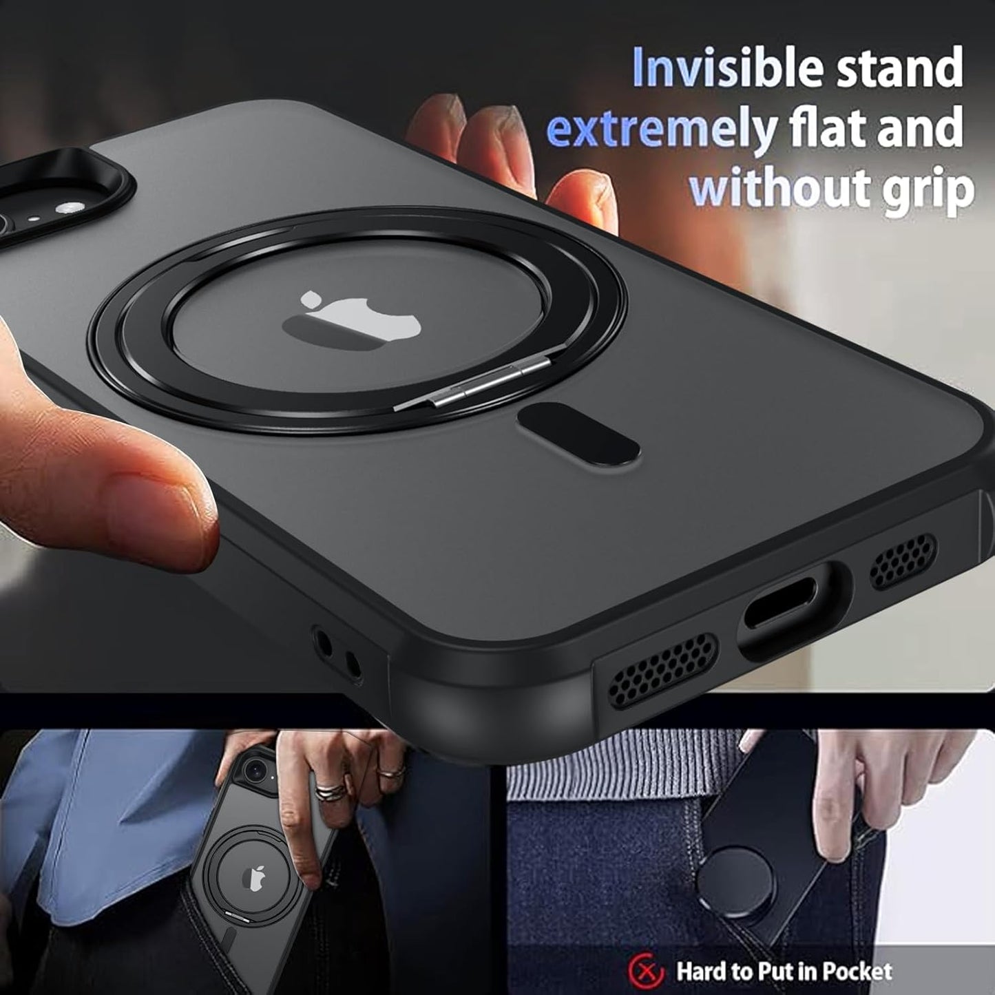 for Iphone 16E Case, Iphone 16E Magnetic Phone Case with Magsafe Rotatable Invisible Kickstand Ring Holder Design Shockproof Women Men Girl Boy Protective Cover for Iphone 16E 6.1", Black