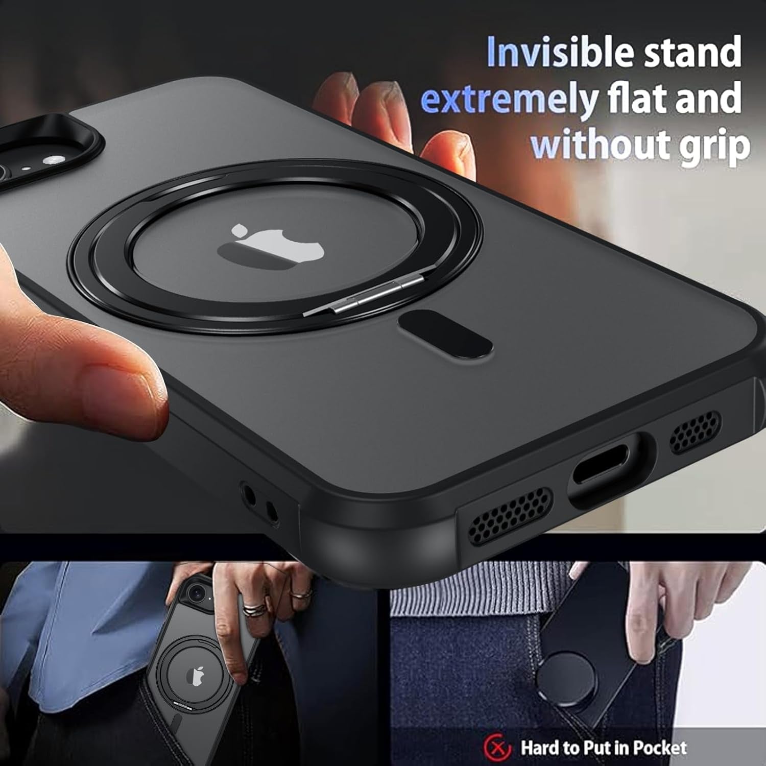 for Iphone 16E Case, Iphone 16E Magnetic Phone Case with Magsafe Rotatable Invisible Kickstand Ring Holder Design Shockproof Women Men Girl Boy Protective Cover for Iphone 16E 6.1", Black