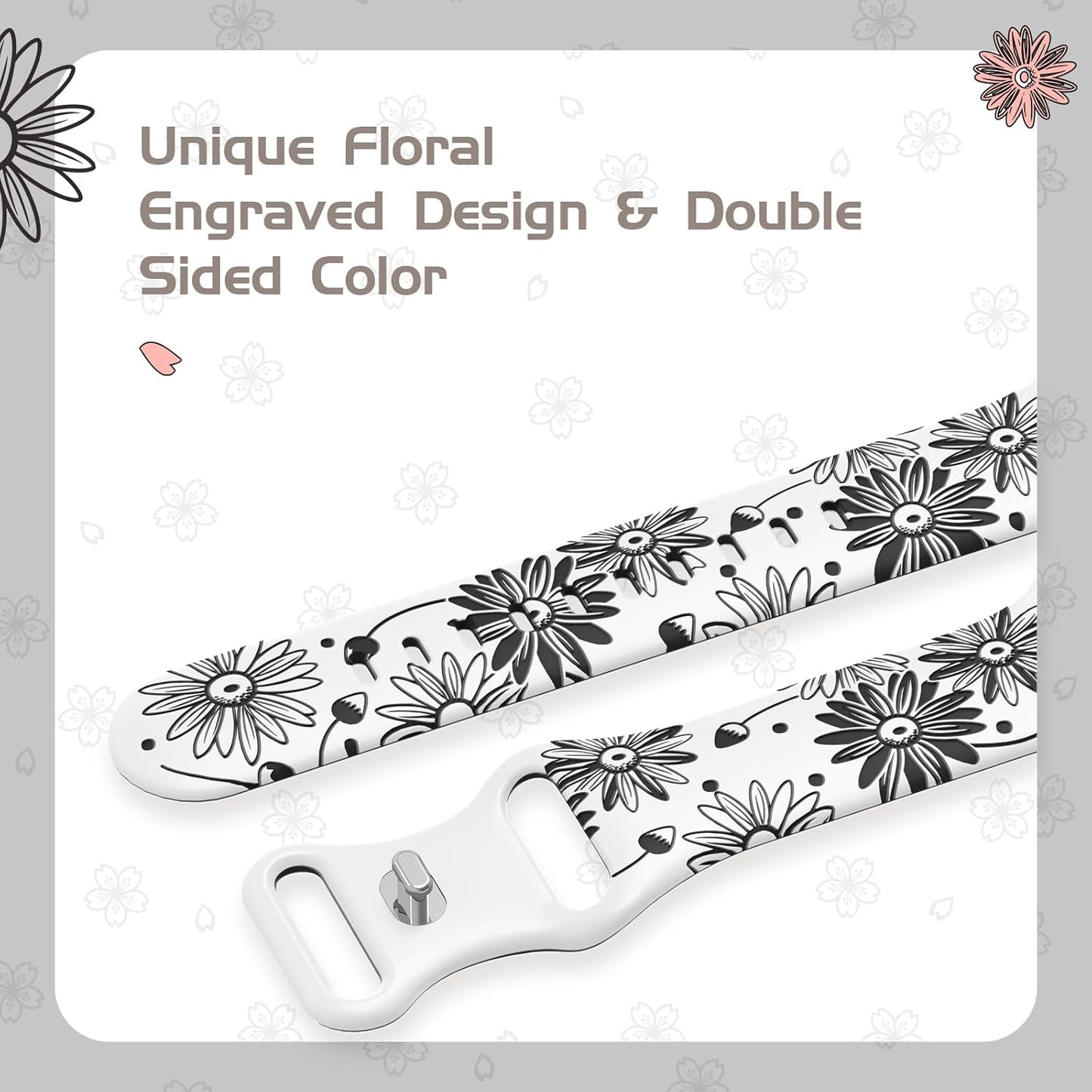 Designer Floral Engraved Band Compatible with Apple Watch Bands 40Mm 38Mm 41Mm 42/45/49Mm,Two-Tone Flower Soft Silicone Sport Strap for Iwatch Series 9 Ultra SE 8 7 6 5 4 3 2 Girl Black