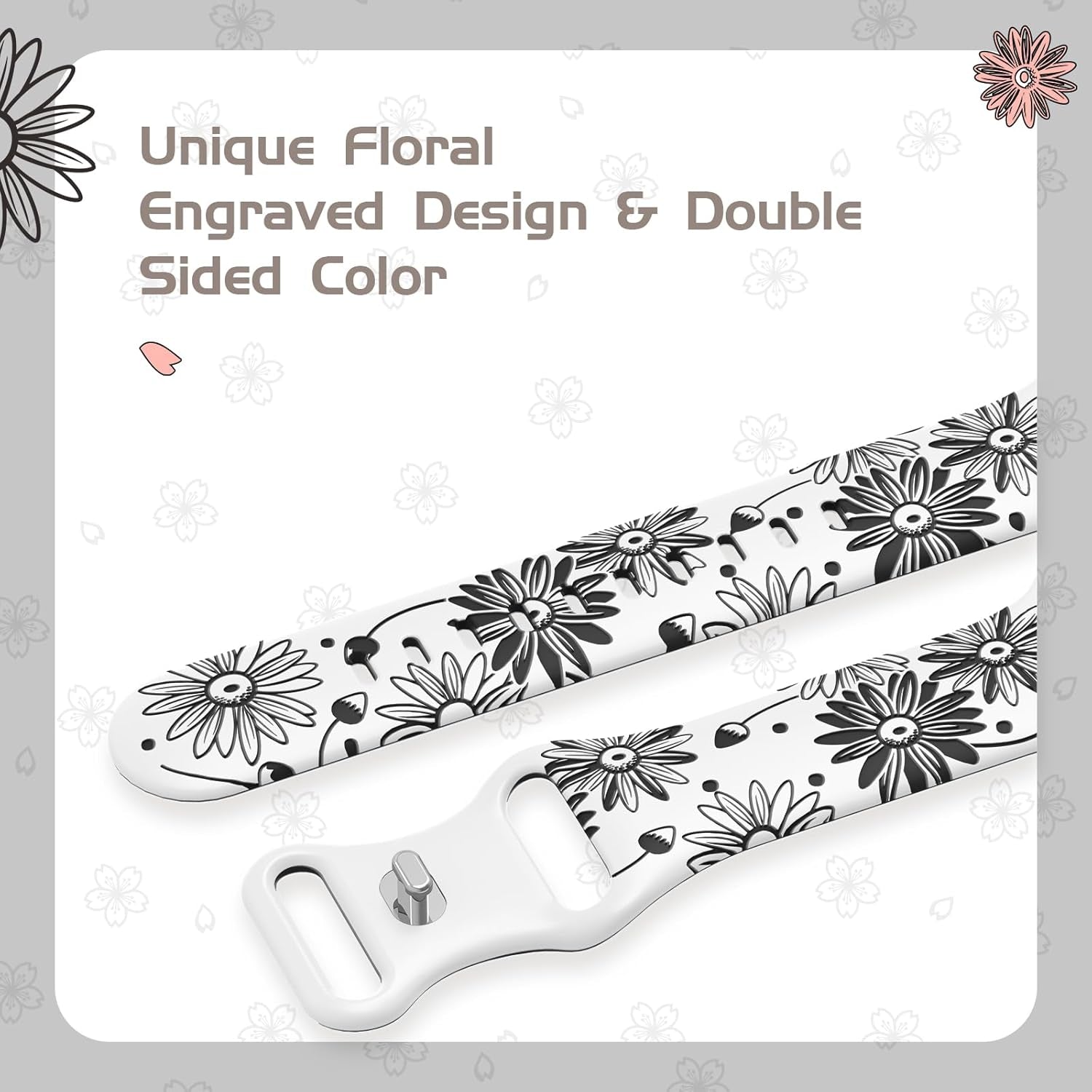 Designer Floral Engraved Band Compatible with Apple Watch Bands 40Mm 38Mm 41Mm 42/45/49Mm,Two-Tone Flower Soft Silicone Sport Strap for Iwatch Series 9 Ultra SE 8 7 6 5 4 3 2 Girl Black