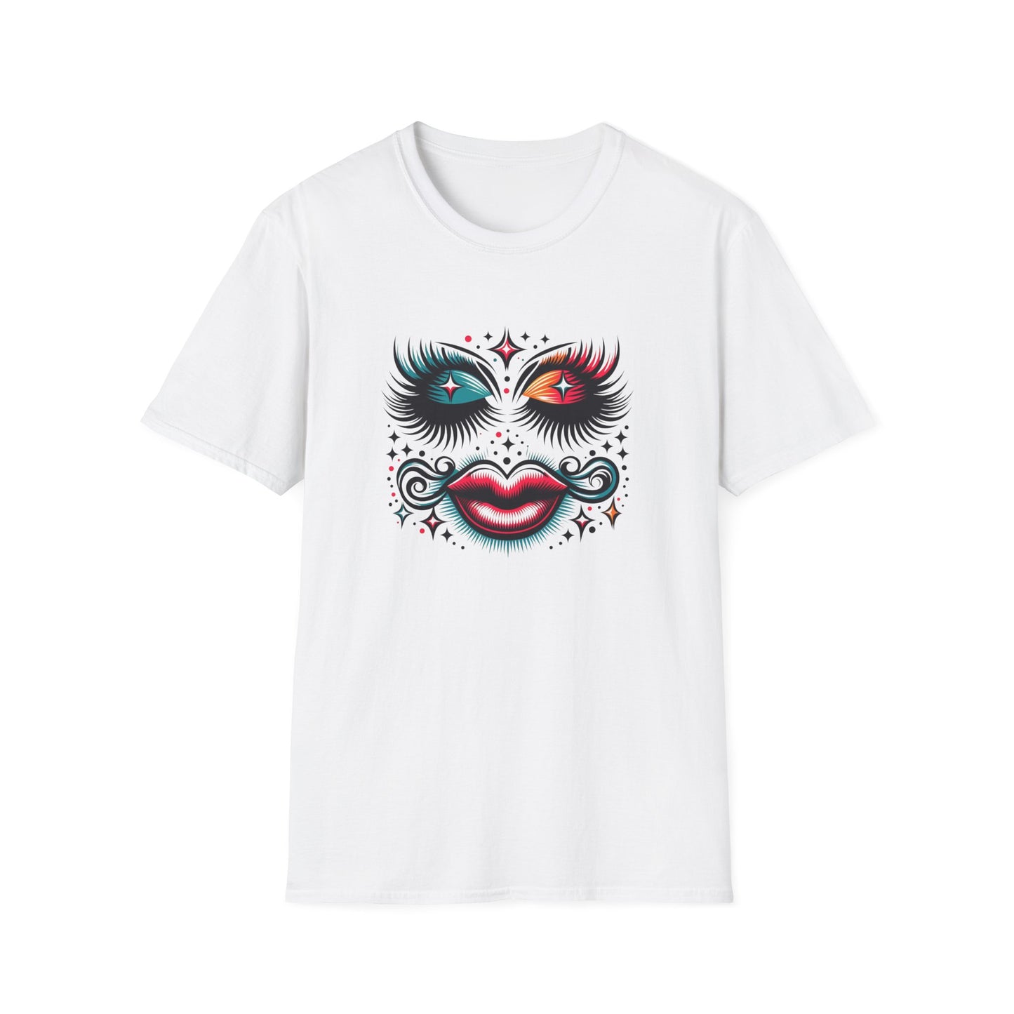LASHES Vibrant Face Graphic T-Shirt - Unisex Softstyle Tee for Festivals & Celebrations