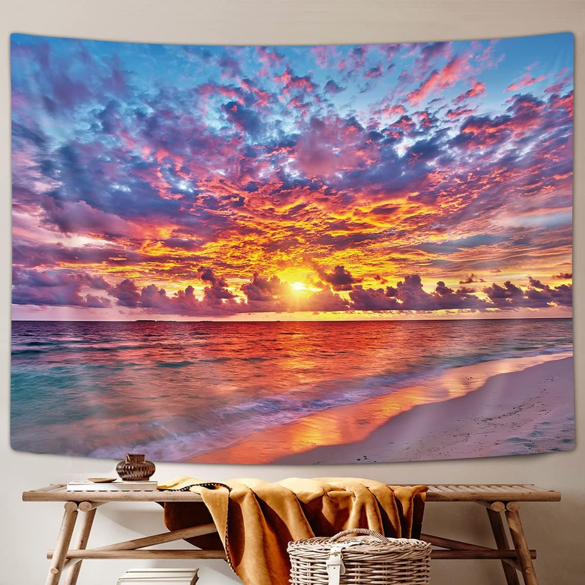 Tropical Ocean Sunset Sea Landscape Tapestry Wall Hanging Decoration, Purple Clouds and Gloden Sunshine, Wall Tapestry for Dorm Living Room Bedroom, Wall Blanket Wall Decor Wall Art Home Decor 71X60