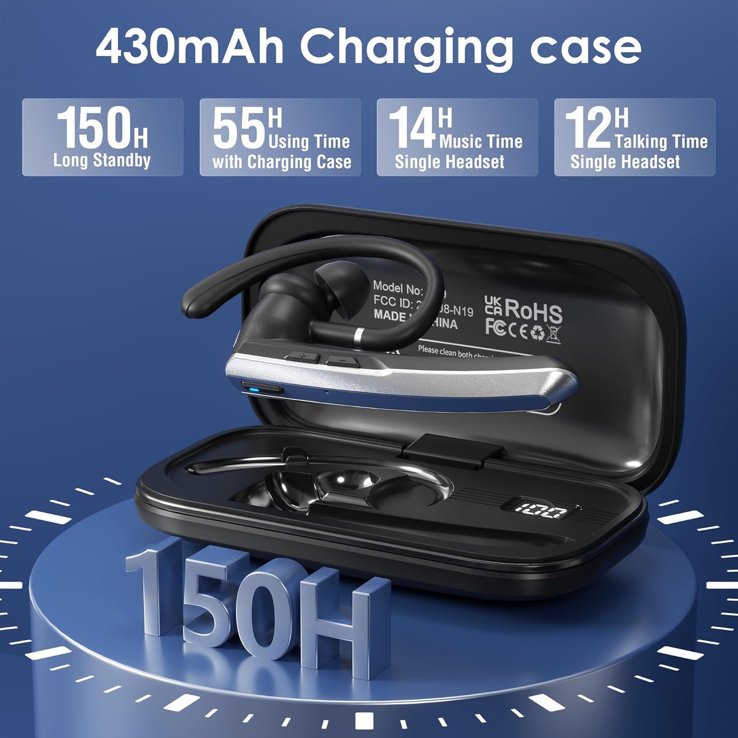 Bluetooth Headset with Microphone, Wireless Earpiece with Charging Case for Cellphones, PC, Single Ear Headset with Mute for Trucker Driver, Remote Work, Skype, Zoom, Teams, Call Center TRUCK DRIVER