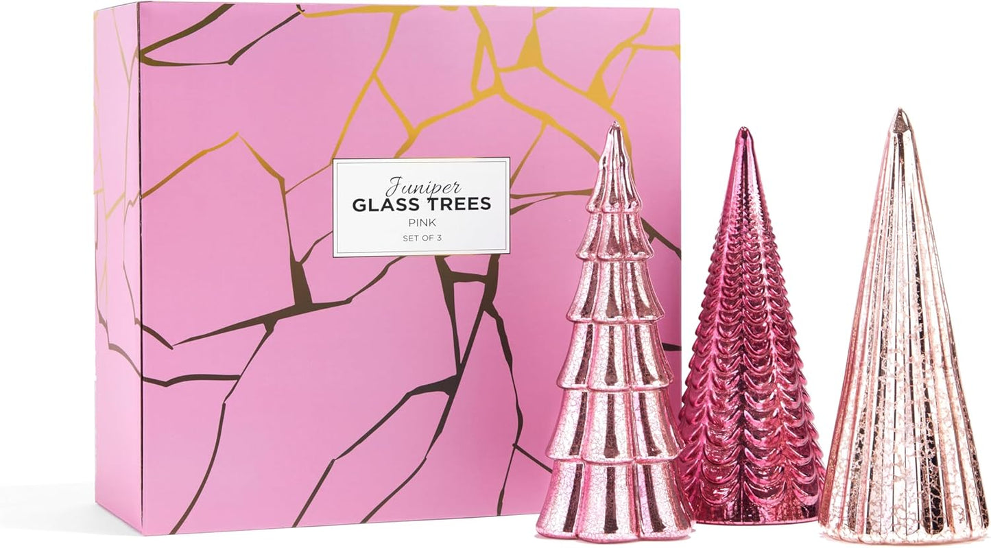 Table Top Christmas Tree Decorations with Fairy Lights, Set of 3 Assorted Trees, 10 Inch Tall, Pink Mercury Glass Finish, Batteries Included, Holiday Table Centerpiece and Mantle Decor