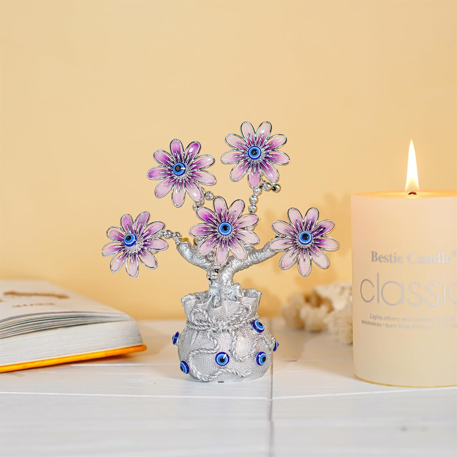 Turkish Blue Evil Eye Pink Flowers Money Fortune Tree with Lucky Bag Vase Protection Good Luck Gift