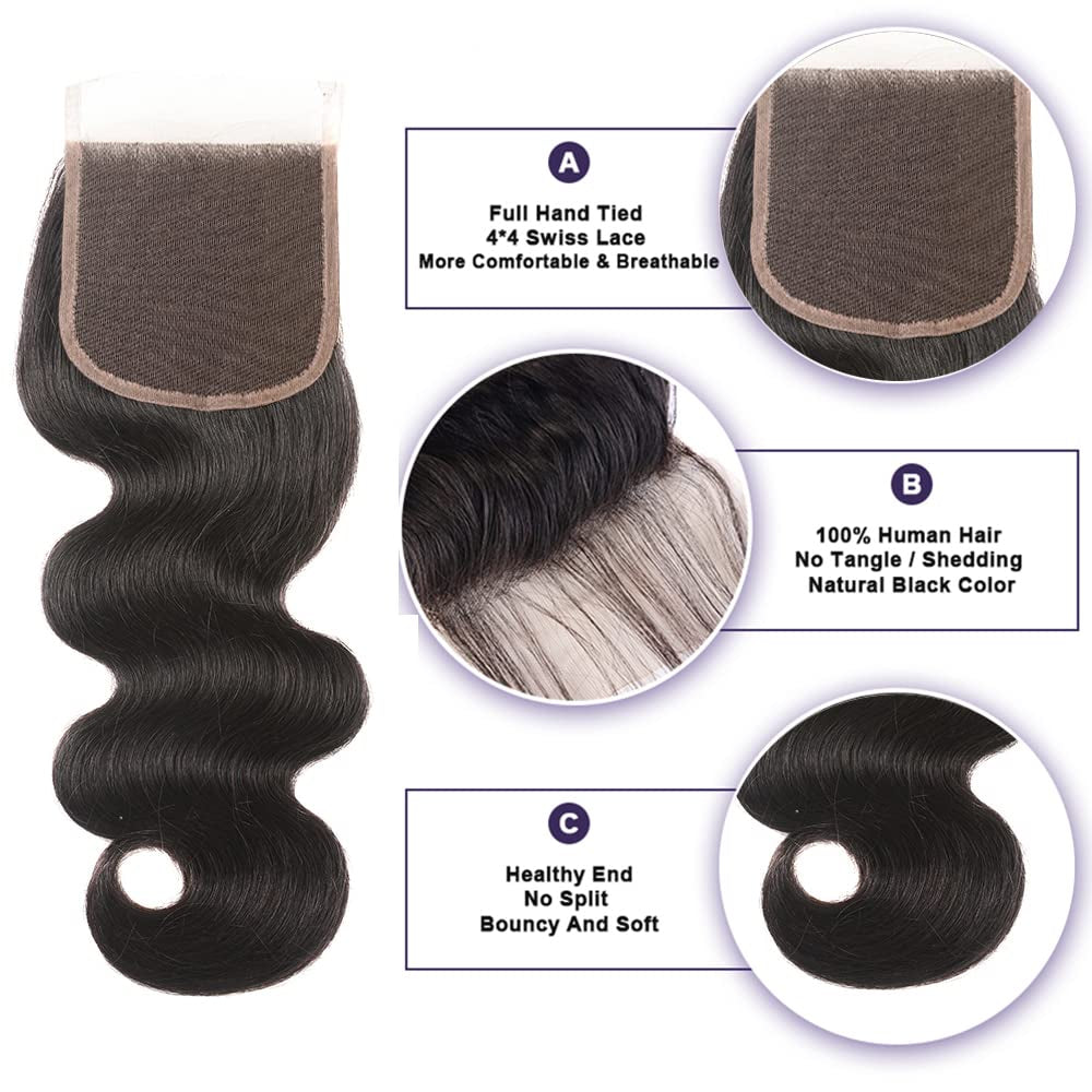 12A Brazilian Human Hair Bundles Body Wave 3 Bundles with Lace Closure 4X4 Free Part 100% Unprocessed Remy Human Hair Bundles with Closure Wet and Wavy Double Weft Natural Color (14 16 18+12)