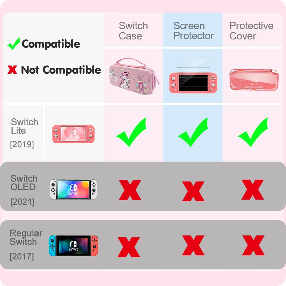 Pink Unicorn Carrying Case Compatible with Nintendo Switch Lite with Crystal Glitter Soft Protective Case Cover+Screen Protector+Stickers, Hard Storage Case Accessories Kit for Girls Birthday Gift