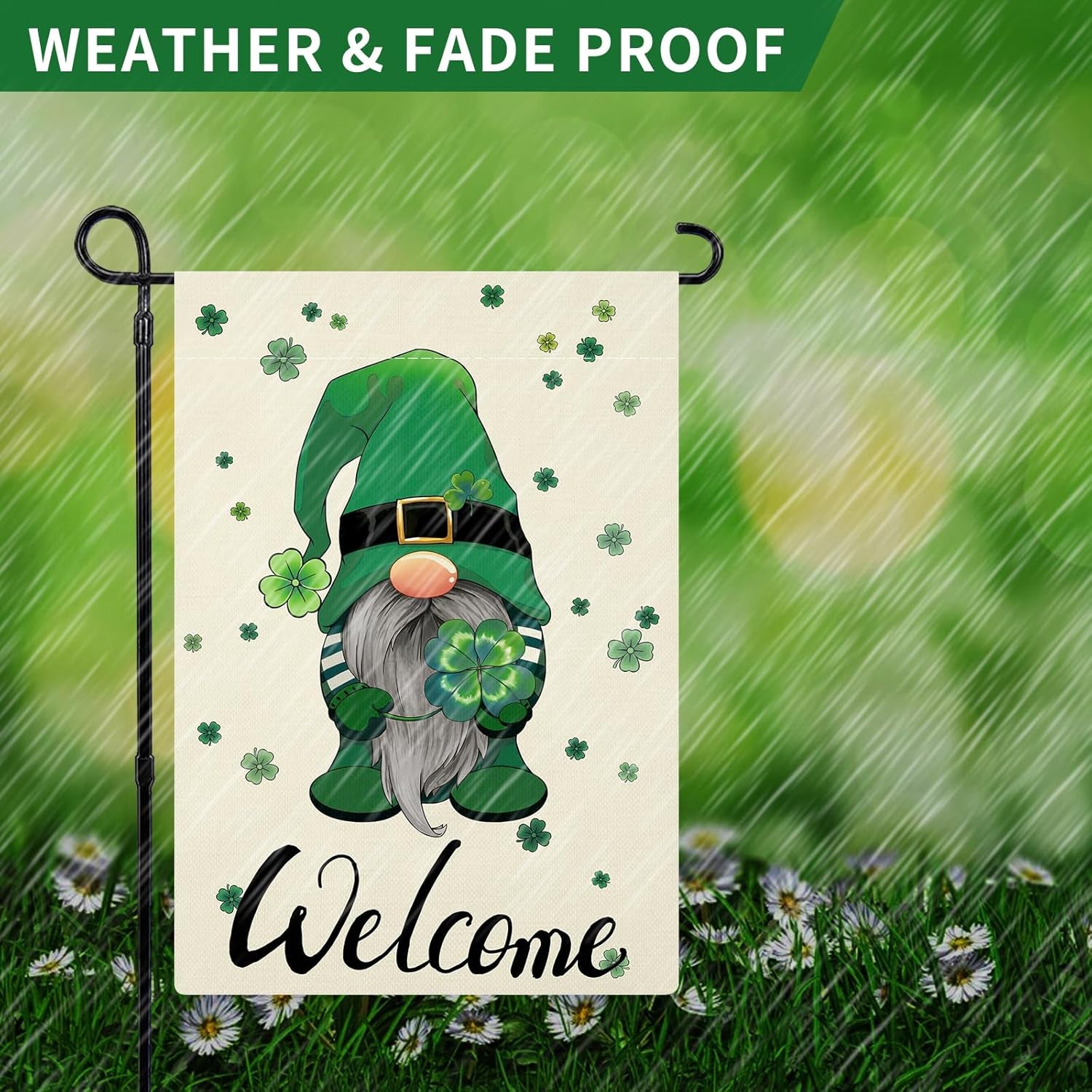 St Patricks Day Garden Flag Double Sided, Green Gnome Shamrocks Clover St.Patrick’S Day Garden Flag Yard Flag for Holiday Outdoor Decoration 12X18 Inch