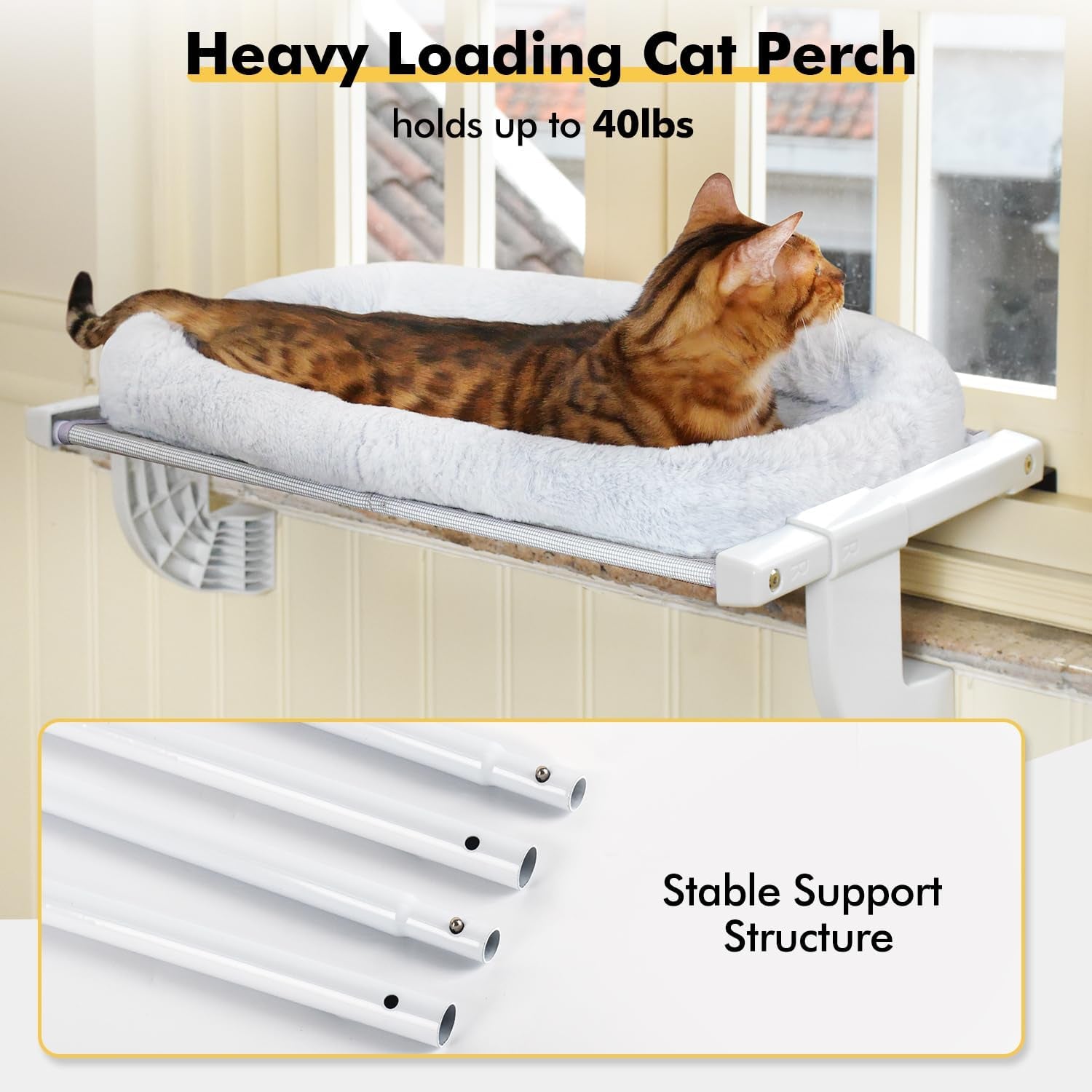 Window Sill Mount Cat Perch for Indoor Cats, One-Step Sliding Clamping Slot Adjustment Cat Hammock with Removable Two Fabrics Cover, No Suction Cups Cat Beds for Windowsill & Bedside(L-Pad Bed)