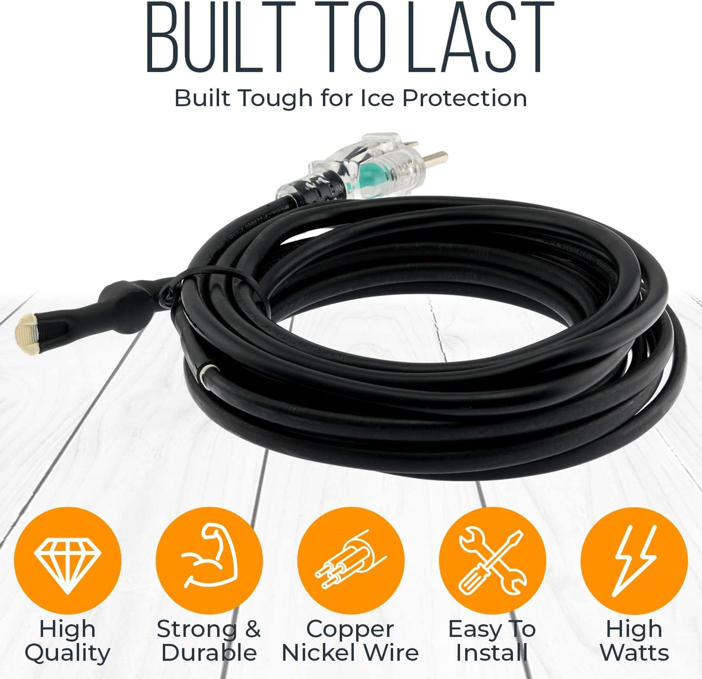 Premium Heat Cable for Pipe Freeze Protection - Heating Tape with Built-In Thermostat - Constant Watt Anti-Freeze & Uv-Proof Heated Cord - 120 VAC - Copper Nickel Wire Heater