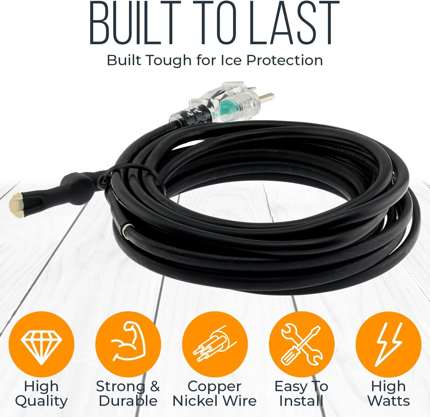 Premium Heat Cable for Pipe Freeze Protection - Heating Tape with Built-In Thermostat - Constant Watt Anti-Freeze & Uv-Proof Heated Cord - 120 VAC - Copper Nickel Wire Heater