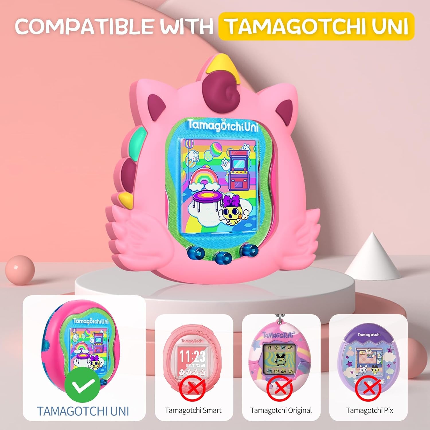 Cute Case Compatible with Tamagotchi Uni, Cute 3D Unicorn Pattern Silicone Protector Case for Tamagotchi Uni Virtual Pet Machine with Finger Lanyard ZOUSA