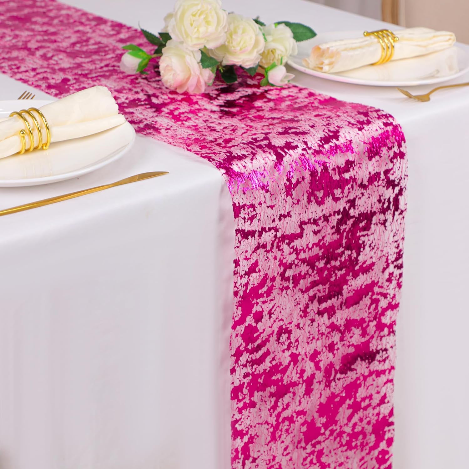 2 Pieces Hot Pink Table Runner, 11X108 Inch Sequin Glitter Sparkly Foil Metallic Hot Pink Thin Mesh Table Runner Roll , Pink Decorations for Birthday Party, Wedding, Baby Shower, Christmas