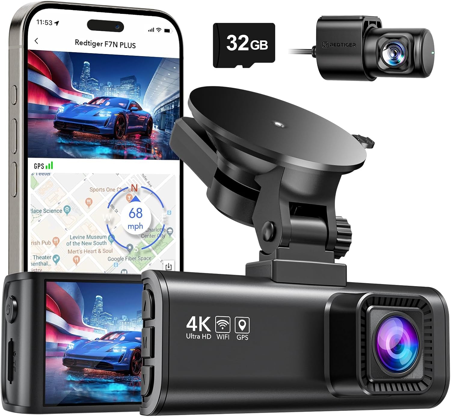 Dash Cam Front Rear, 4K/2.5K Full HD Dash Camera for Cars, Included 32GB Card, Built-In Wi-Fi GPS, 3.16” IPS Screen, Night Vision, 170°Wide Angle, WDR, 24H Parking Mode