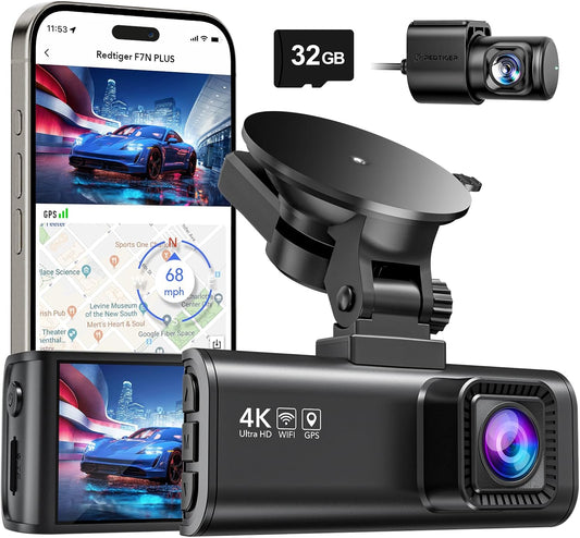 Dash Cam Front Rear, 4K/2.5K Full HD Dash Camera for Cars, Included 32GB Card, Built-In Wi-Fi GPS, 3.16” IPS Screen, Night Vision, 170°Wide Angle, WDR, 24H Parking Mode