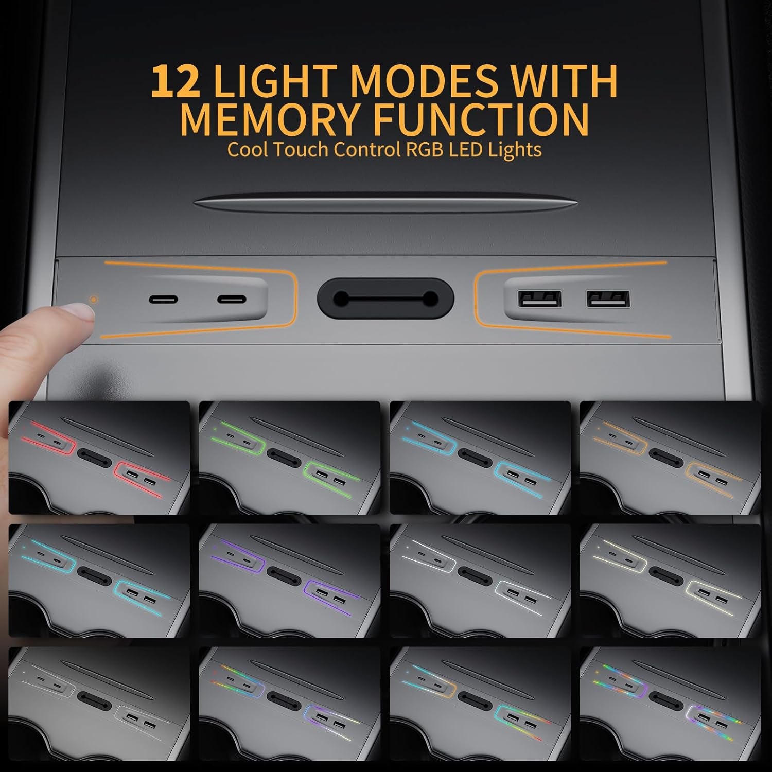 Tesla USB Hub with RGB LED Light for Tesla Model 3, Model Y Accessories 2023 2022 2021, Fast Charging 100% Fit Docking Station for Center Console,