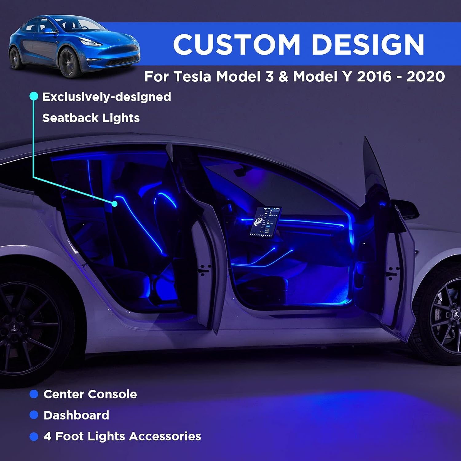 2016-2020 Tesla Model 3 Y Interior Car Neon Lights (Center Console+Dashboard+Seat Back+4 Foot Lights) with Matching Armrest Organizer, Tesla Ambient Lighting, App-Controlled LED Strip Lights