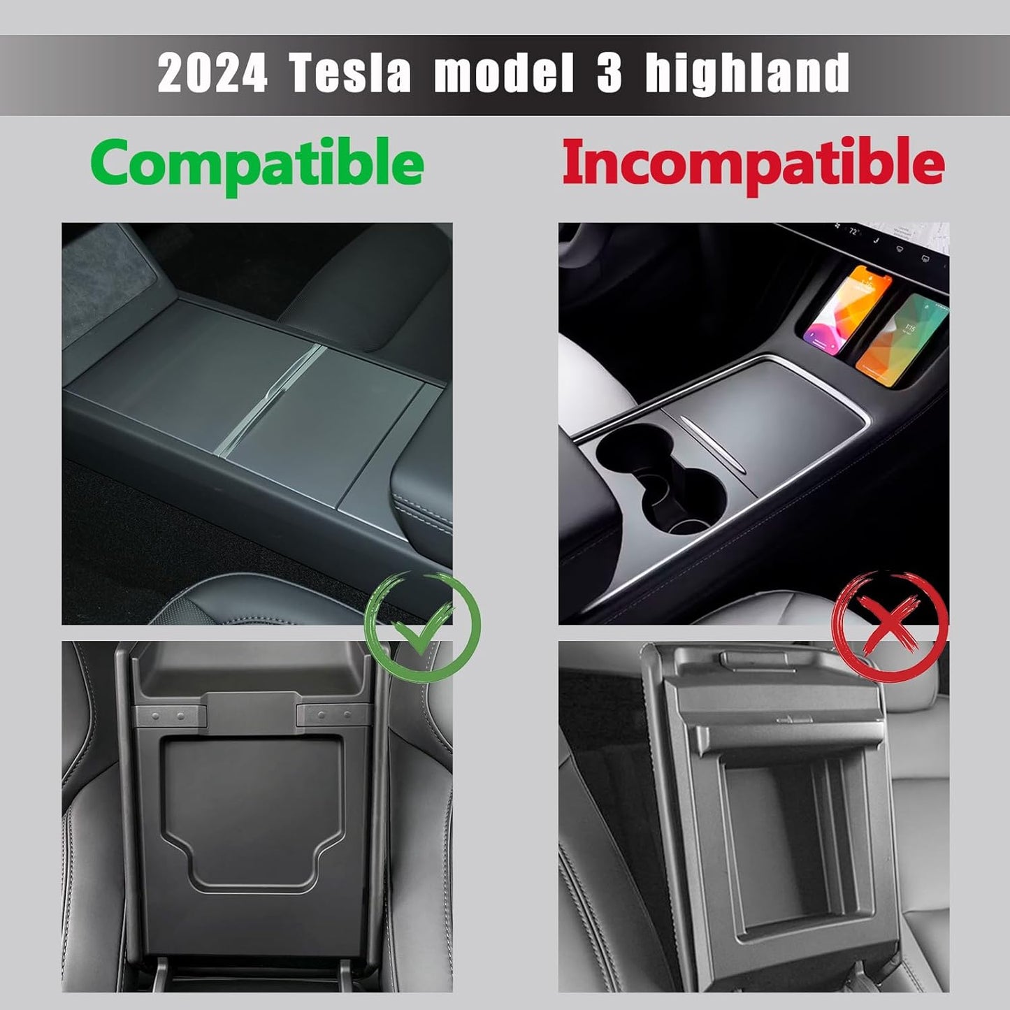 Center Console Organizer Compatible with 2024 Tesla Model 3 Highland Armrest Storage Box and Front Hidden Cubby Drawer Tray Interior Accessories (3PCS Center Console Tray)