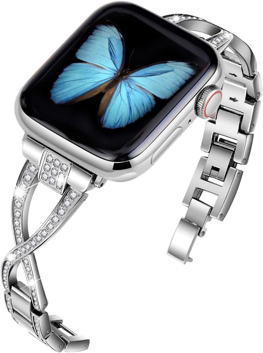 Bands for Apple Watch 38Mm 40Mm 41Mm Women Series 9 8 7 6 5 4 SE Iwatch Band Bling Metal Bracelet Dressy Fancy Cute Strap Silver