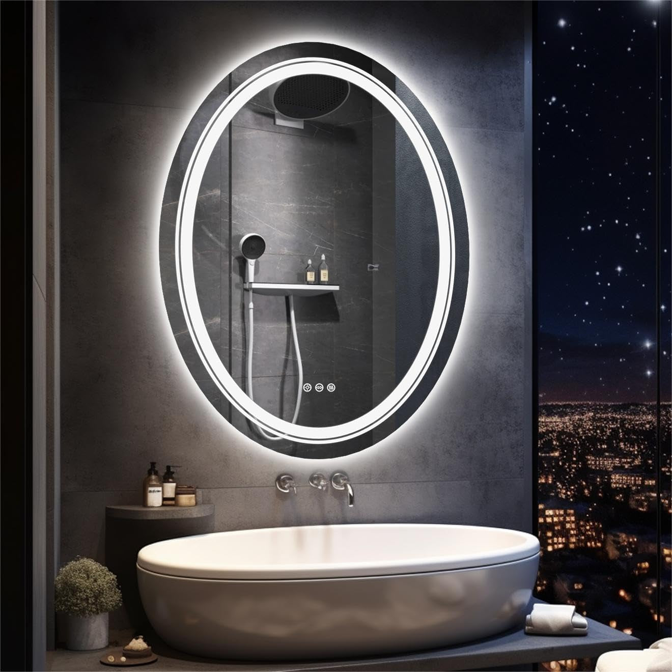 Lighted LED Bathroom Mirror: 28”X20” Oval Wall Mounted Makeup Mirror with Backlit and Front Light - Modern Dimmable Smart Mirror anti Fog with Touch Switch Sensor for Restroom Bedroom