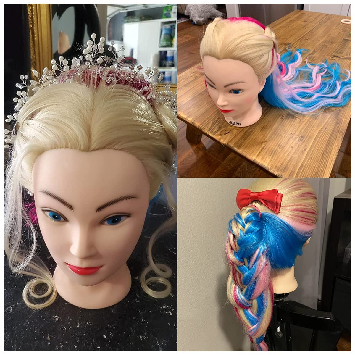 Mannequin Head with Long Synthetic Fiber Colorful Hair Styling Training Head 26-28Inch Manikin Cosmetology Doll Head Hairdressing Training Model for Cutting Braiding Practice and Free Clamp Holder