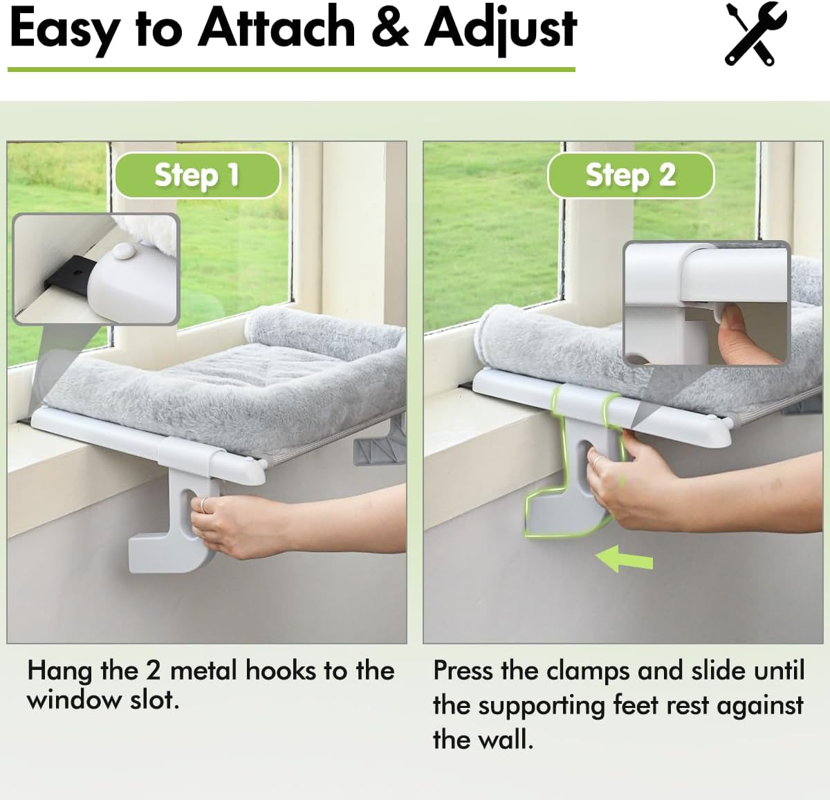 Cat Window Sill Perch with Large Bolster, Easy to Adjust & Assemble Cat Window Seat for Windowsill & Bedside, Cat Hammock Bed for Large Cats and Kittens (Grey, M)