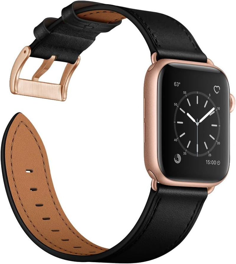 Compatible with Apple Watch Band 41Mm 40Mm 38Mm, Genuine Leather Band Replacement Strap Compatible with Apple Watch Series 9/8/7/6/5/4/3/2/1/SE2/SE, Black Band with Rose Gold Adapter