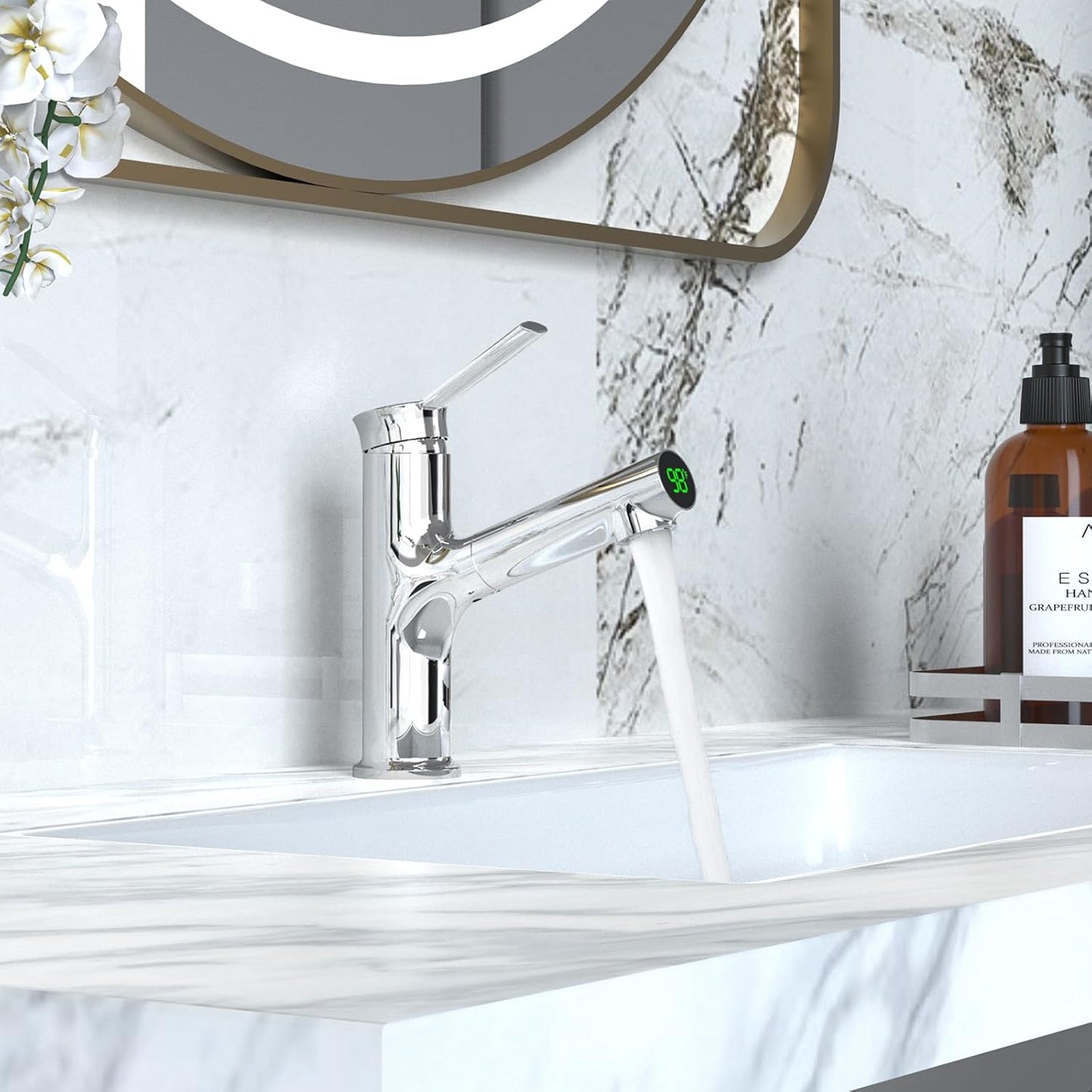 Bathroom Sink Faucet with Pull Out Sprayer, Temperature Digital Display Basin Faucets for 1 Hole Single Handle Lavatory Vanity Faucet Rv Single Hole Bath Faucet, Chrome