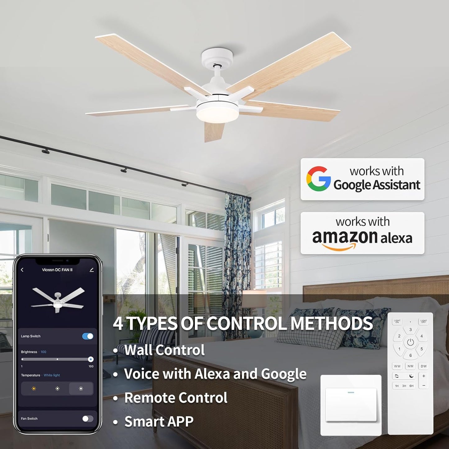 52 Inch Ceiling Fan, Smart Ceiling Fan with Remote/App, White Ceiling Fan with 6-Speeds Reversible Motor, Alexa Ceiling Fan with 5 Two-Sided Blades Dimmable Noiseless for Indoor Bedroom/Outdoor