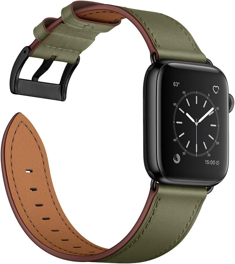 Compatible with Apple Watch Band 41Mm 40Mm 38Mm, Genuine Leather Band Replacement Strap Compatible with Apple Watch Series 9/8/7/6/5/4/3/2/1/SE2/SE, Army Green Band with Black Adapter