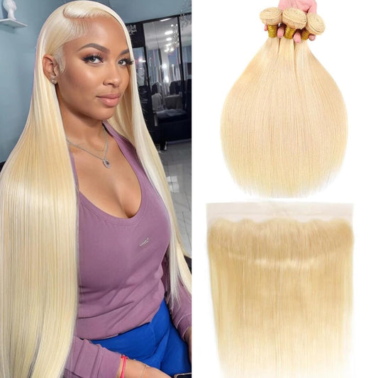 613 Blonde Bundles Human Hair with Closure Frontal Blonde Human Hair 3 Bundles with 13X4 HD Frontal Closure Blonde Brazilian Virgin Straight Human Hair Weave 141618+12FL