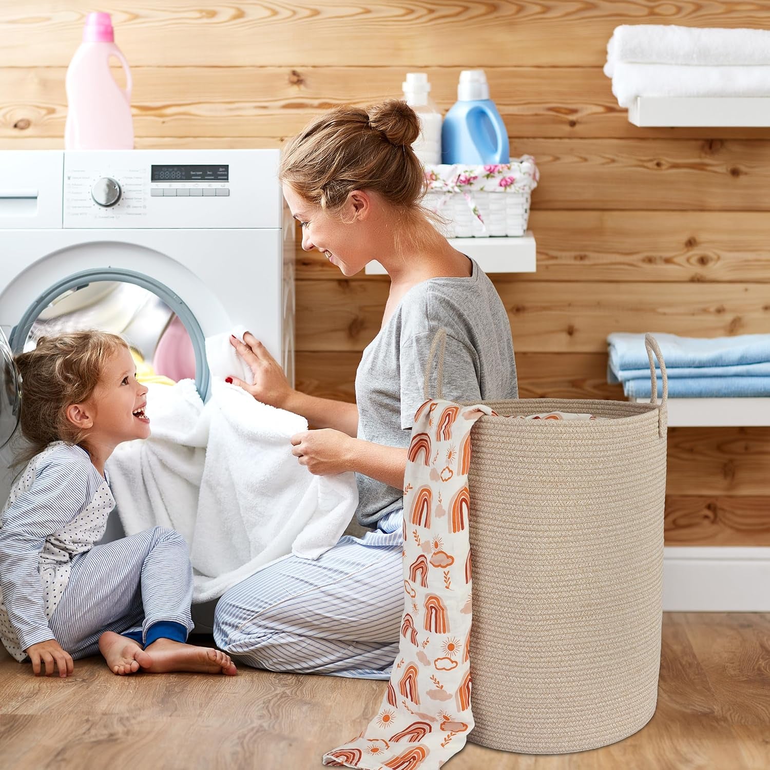 Cotton Rope Laundry Basket Hamper for Clothes Woven Storage Basket for Living Room Bedroom Boho Tall Rope Baskets for Blanket Toys Pillow Towels Baby Nursery Hamper Bin Large Oatmeal