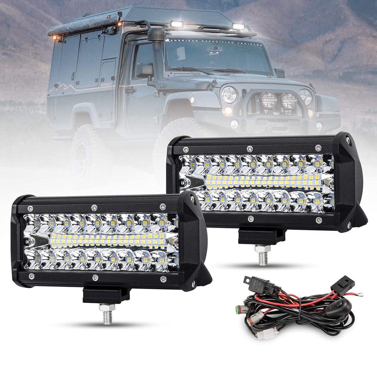 7" LED Light Pods with Wiring Harness Kit, 2 Pcs Spot Flood Beam 25000LM LED Light Bar Waterproof for Tractor ATV UTV Truck Boat off Road Driving Fog Bumper LED Work Lights