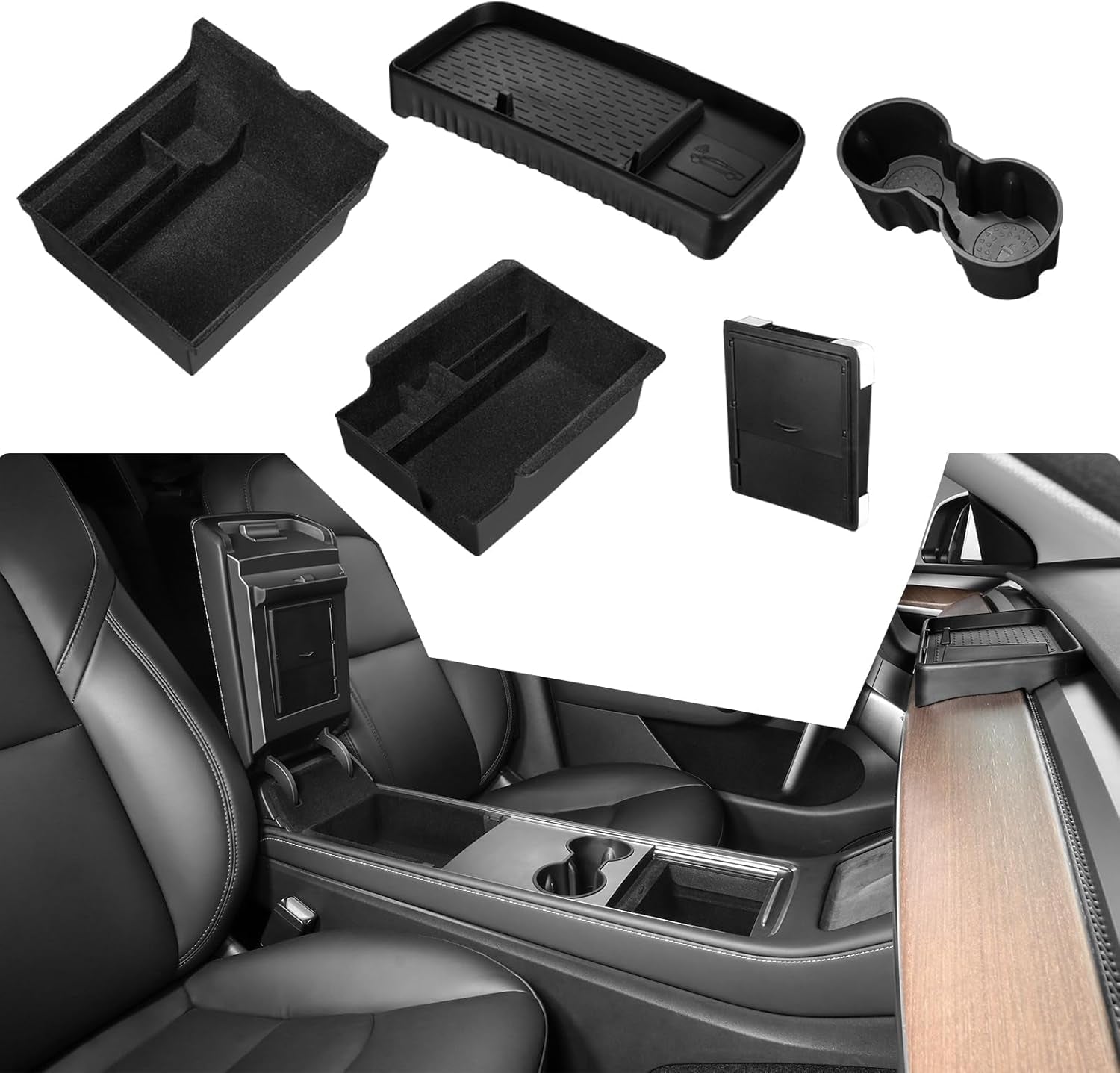 2025 Upgrade 5PCS Tesla Model Y Center Console Organizer Tray under Seat Storage Box Cup Holder Insert Hidden Armrest Storage Box [Seamless Fit] 2025-2021 Model Y Accessories