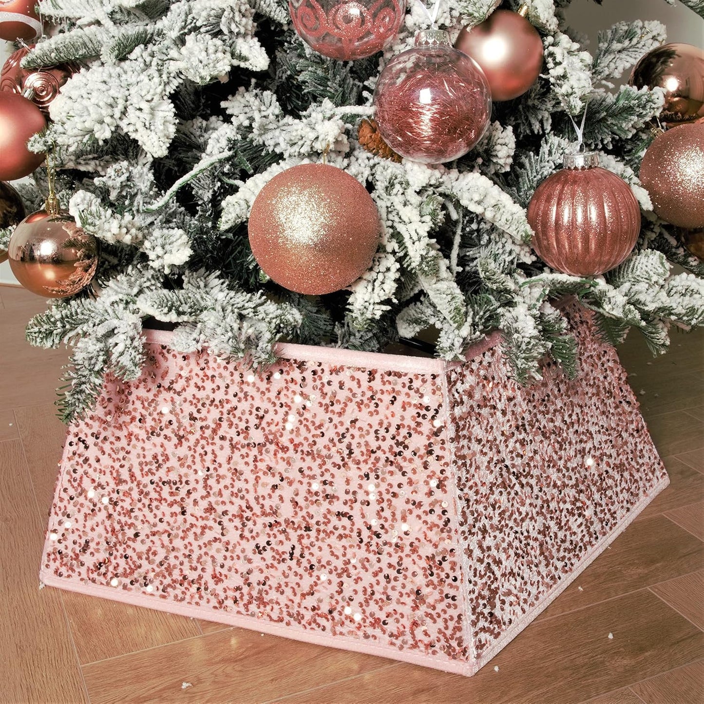 Christmas Tree Collar 24 Inch Sequin Tree Skirt for Christmas Holiday Home Decor Xmas Tree Ring Stand Base Cover Small Size 4 Piece Rose Gold
