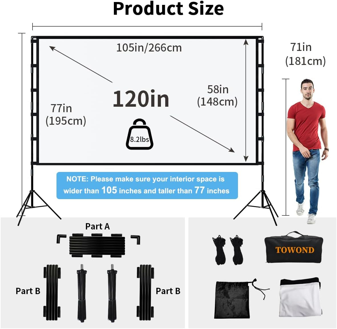 Projector Screen and Stand,  120 Inch Portable Projector Screen Indoor Outdoor Projector Screen 16:9 4K HD Wrinkle-Free Lightweight Movie Screen with Carry Bag for Backyard Movie Night