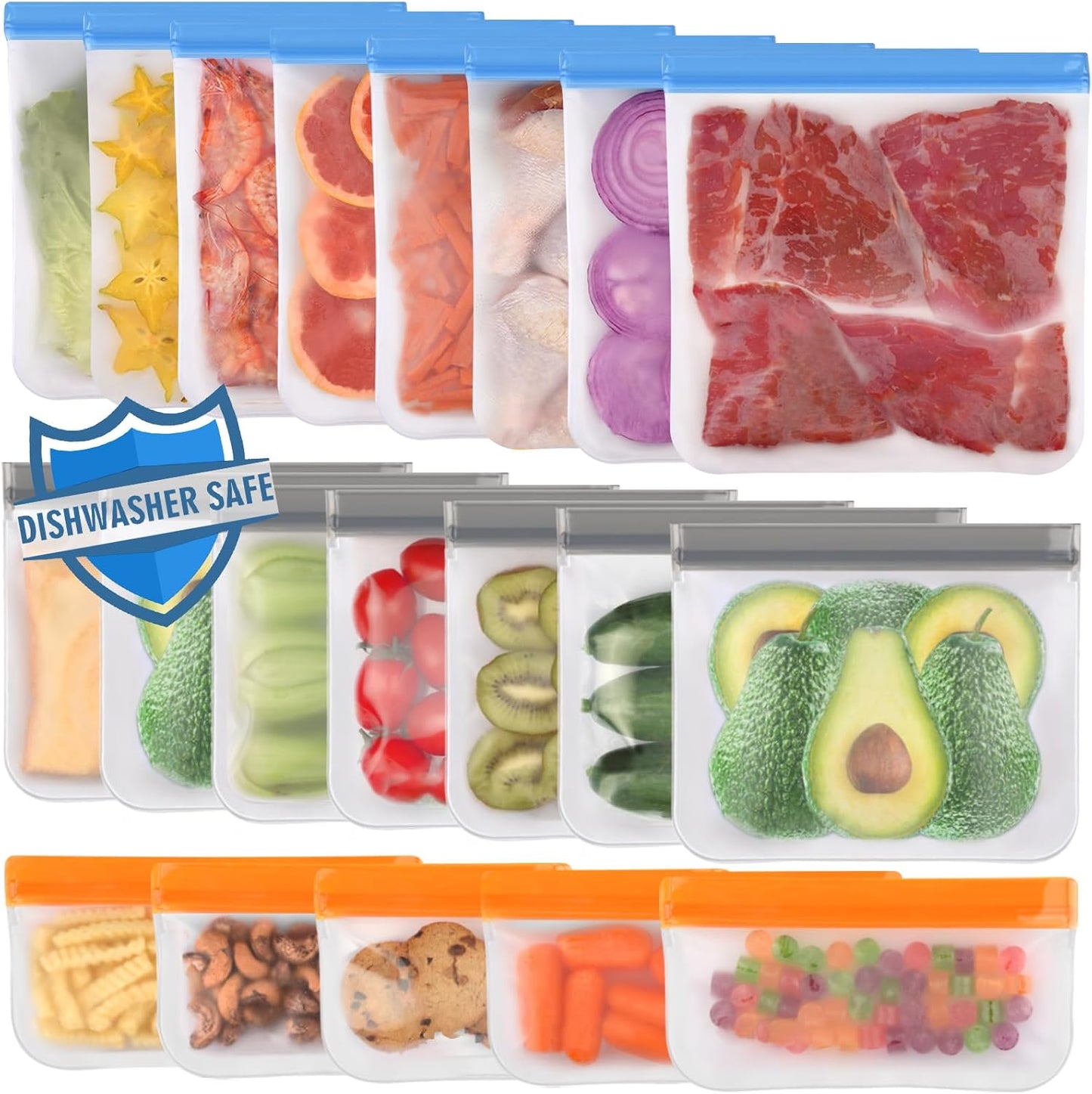 10 Pack Dishwasher Safe Reusable Bags Silicone, Leakproof Reusable Freezer Bags, BPA Free Reusable Storage Bags for Lunch Marinate Food Travel - 3 Gallon 4 Sandwich 3 Snack Bags